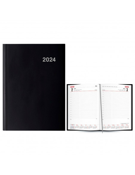 Tradineur - Agenda anual 2024, vista día página, tapa dura y cinta marcapáginas, planificador diario de tareas, citas (Negro, 21