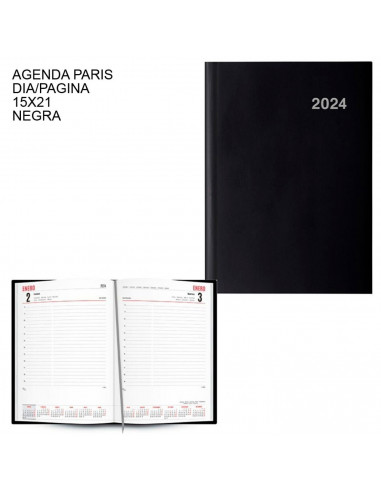 Tradineur - Agenda anual 2024, vista día página, tapa dura y cinta marcapáginas, planificador diario de tareas, citas (Negro, 21