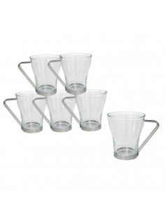Set de 6 tazas de vidrio con asa metálica 230 ml, juego, pack de tazas para desayuno, café, té, 9,5 x 8,4 cm, resistentes y dura