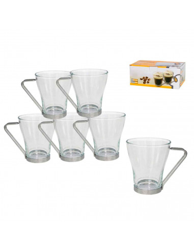 Set de 6 tazas de vidrio con asa metálica 230 ml, juego, pack de tazas para desayuno, café, té, 9,5 x 8,4 cm, resistentes y dura