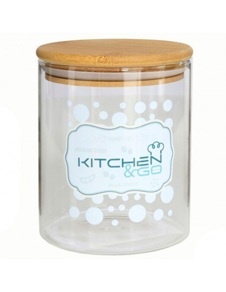 Tradineur - Bote de cristal de borosilicato decorado con tapa de madera de bambú 600 ml, recipiente, tarro de almacenamiento par