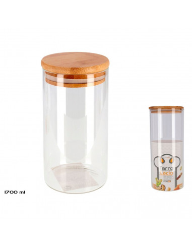 Bote redondo de cristal de borosilicato 1700 ml con tapa de madera de bambú, recipiente, tarro de almacenamiento para guardar ca