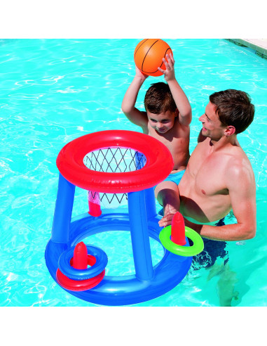 Canasta de baloncesto hinchable de vinilo con pelota y 3 aros 61 cm para piscina, válvulas de seguridad, deportes acuáticos en f