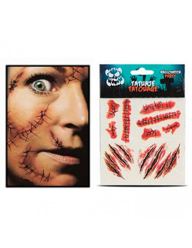 Tatuajes temporales de halloween, 1 hoja, cicatrices, heridas, mordiscos, sangre falsa, zombies, complemento para disfraces, fes