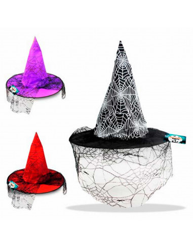 Gorro de bruja tela de araña con velo, sombrero de bruja, halloween, fiestas, disfraz carnaval, diámetro 35 cm, colores surtidos