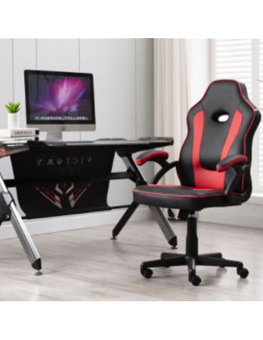 Silla gaming ergonómica de cuero sintético, negro y rojo, silla de oficina giratoria con ruedas, altura e inclinación ajustables