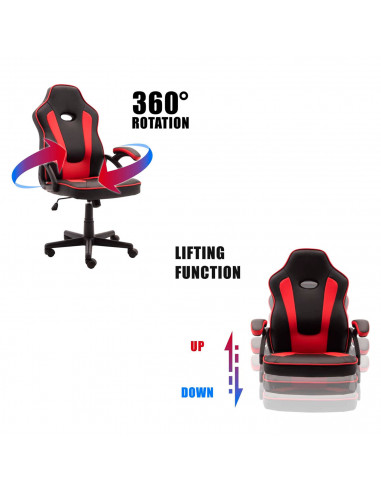 Silla gaming ergonómica de cuero sintético, negro y rojo, silla de oficina giratoria con ruedas, altura e inclinación ajustables