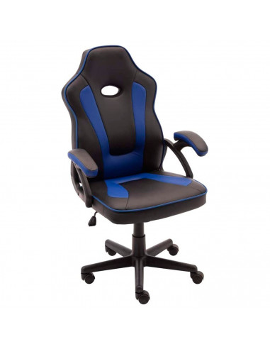 Silla gaming de cuero sintético, ergonómica, negro y azul, silla de oficina giratoria con ruedas, altura e inclinación ajustable