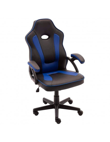 Silla gaming de cuero sintético, ergonómica, negro y azul, silla de oficina giratoria con ruedas, altura e inclinación ajustable
