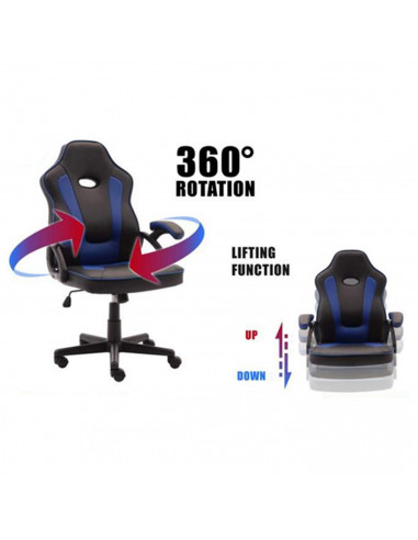 Silla gaming de cuero sintético, ergonómica, negro y azul, silla de oficina giratoria con ruedas, altura e inclinación ajustable
