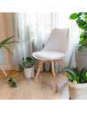 Silla con cojín, asiento de plástico y patas de madera, estilo nórdico, silla de interior, diseño escandinavo, color blanco, 81
