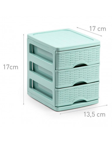 Tradineur - Cajonera de plástico, sobremesa, 3 cajones, 17 x 13,5 x 17 cm, modelo Turia, efecto mimbre, torre almacenaje multius