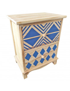 Cajonera de madera natural con 2 cajones, 45,5 x 36 x 26 cm, diseño con rombos azules, torre de ordenación, mueble auxiliar alma