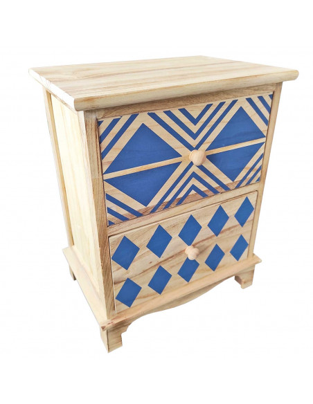 Cajonera de madera natural con 2 cajones, 45,5 x 36 x 26 cm, diseño con rombos azules, torre de ordenación, mueble auxiliar alma Cajonera de madera natural con 2 cajones, 45,5 x 36 x 26 cm, diseño con rombos azules, torre de ordenación, mueble auxiliar alma
