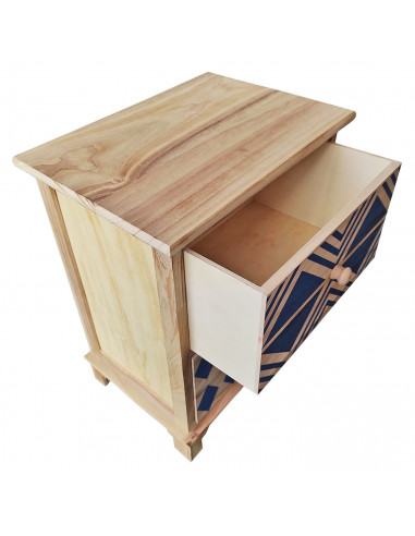 Cajonera de madera natural con 2 cajones, 45,5 x 36 x 26 cm, diseño con rombos azules, torre de ordenación, mueble auxiliar alma