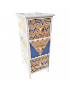 Cajonera blanca de madera, 3 cajones, 62,5 x 26 x 32 cm, diseño con cruces azules, torre de ordenación, mueble auxiliar almacena