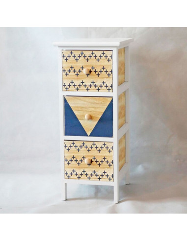 Cajonera blanca de madera, 3 cajones, 62,5 x 26 x 32 cm, diseño con cruces azules, torre de ordenación, mueble auxiliar almacena