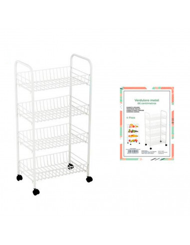 Carrito verdulero blanco metálico con ruedas y 4 cestas 86 x 37 x 25 cm, carro portaobjetos, organizador de alimentos, 4 estante