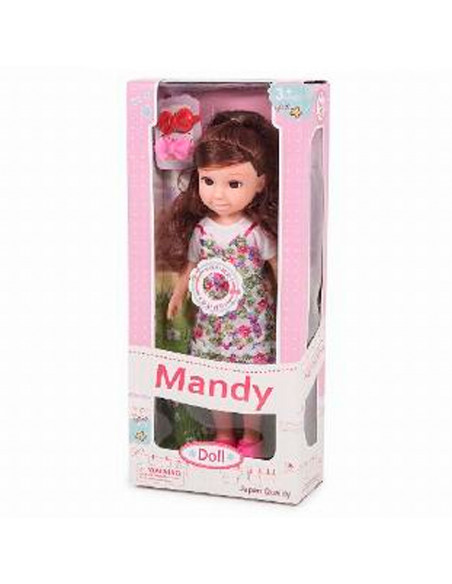 Muñeca mandy doll con sonidos y accesorios, vestidos de colores aleatorios, dimensiones 31 x 11 x 4  cm (alto x ancho x profundo