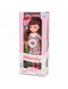 Muñeca mandy doll con sonidos y accesorios, vestidos de colores aleatorios, dimensiones 31 x 11 x 4  cm (alto x ancho x profundo