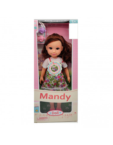 Muñeca mandy doll con sonidos y accesorios, vestidos de colores aleatorios, dimensiones 31 x 11 x 4  cm (alto x ancho x profundo