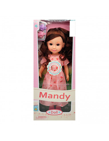 Muñeca mandy doll con sonidos y accesorios, vestidos de colores aleatorios, dimensiones 31 x 11 x 4  cm (alto x ancho x profundo