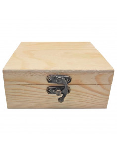 Caja de madera cuadrada con cierre metálico 12 x 12 x 5,3 cm, cajita decorativa de madera natural sin tratar para manualidades,