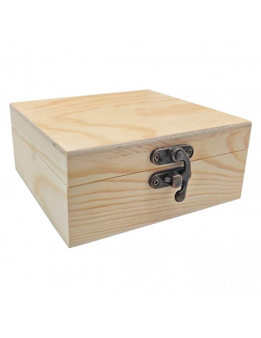 Caja de madera cuadrada con cierre metálico 12 x 12 x 5,3 cm, cajita decorativa de madera natural sin tratar para manualidades,