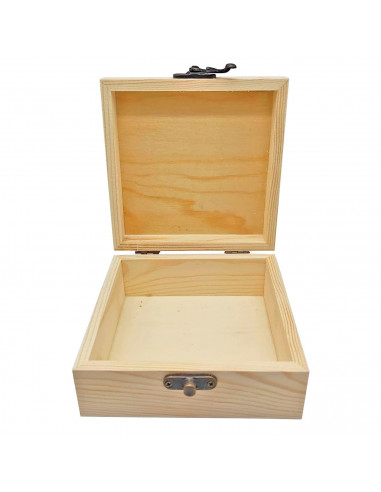 Caja de madera cuadrada con cierre metálico 12 x 12 x 5,3 cm, cajita decorativa de madera natural sin tratar para manualidades,