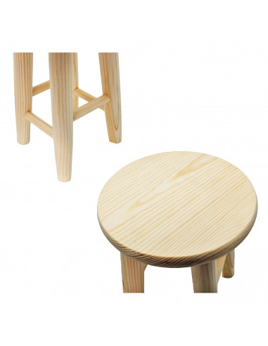 Tradineur - Taburete redondo de madera, banqueta de madera natural sin tratar con reposapiés, asiento para niños, hogar, cocina,