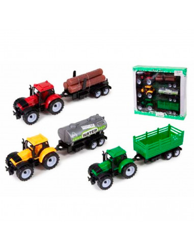 Toinsa - Pack de 3 tractores con remolques, set de juguetes, coches para niños, dimensiones de vehículo con remolque 8  x 28 x 6