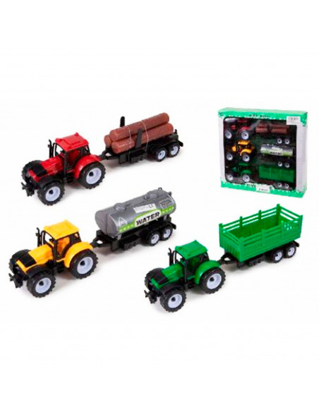 Toinsa - Pack de 3 tractores con remolques, set de juguetes, coches para niños, dimensiones de vehículo con remolque 8  x 28 x 6