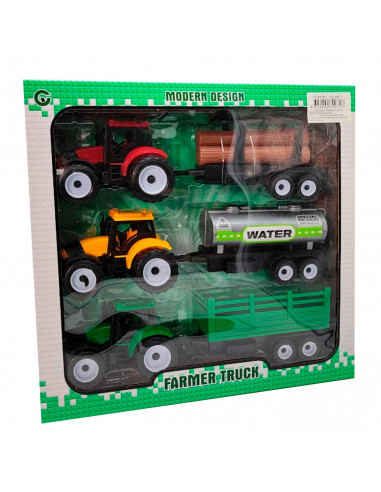 Toinsa - Pack de 3 tractores con remolques, set de juguetes, coches para niños, dimensiones de vehículo con remolque 8  x 28 x 6