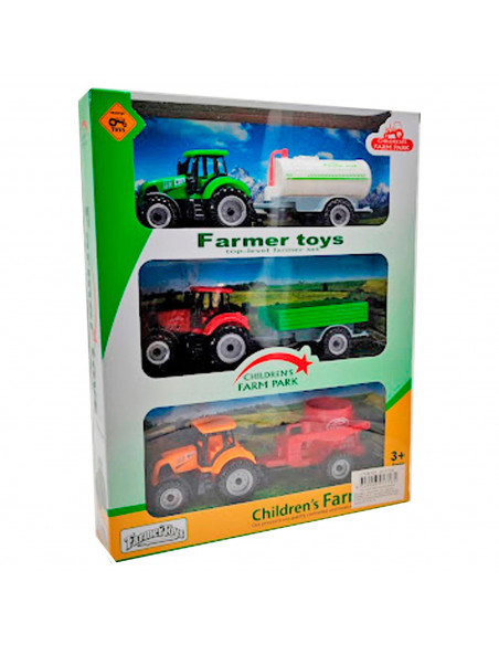 Toinsa - Pack de 3 tractores con remolque y movimiento fricción, set de juguetes de granja, coches para niños, dimensiones de ve
