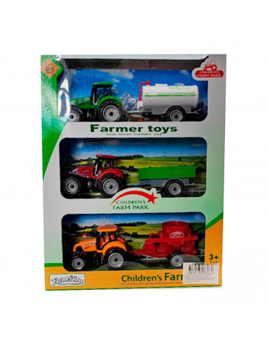 Toinsa - Pack de 3 tractores con remolque y movimiento fricción, set de juguetes de granja, coches para niños, dimensiones de ve