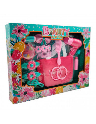 Toinsa - Set juguete de accesorios de belleza y maquillaje con bolsa, conjunto de belleza para niña, peine, secador, prendedores