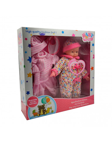 Toinsa - Muñeco bebé con sonido y accesorios de ropa surtidos, juguete muñeca baby con vestidos, dimensiones aproximadas 35 x 26