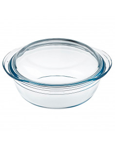 Ô Cuisine - Cacerola redonda de vidrio con tapa, de 11 x 27 x 23 cm, con capacidad de 2.2 litros. Recipiente de cristal para rea
