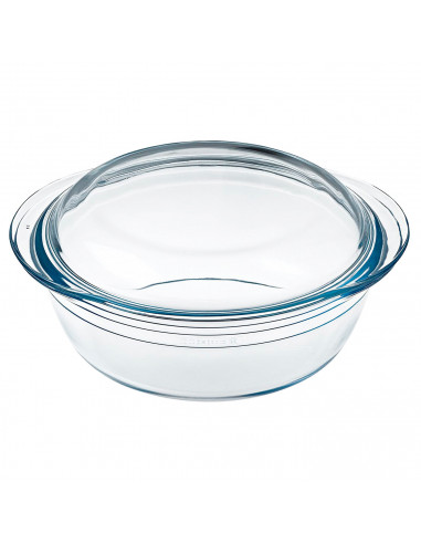 Ô Cuisine - Cacerola redonda de vidrio con tapa, de 11 x 27 x 23 cm, con capacidad de 2.2 litros. Recipiente de cristal para rea