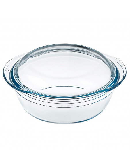 Ô Cuisine - Cacerola redonda de vidrio con tapa, de 11 x 27 x 23 cm, con capacidad de 2.2 litros. Recipiente de cristal para rea