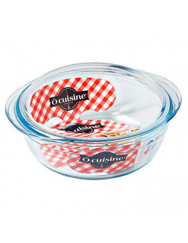 Ô Cuisine - Cacerola redonda de vidrio con tapa, de 11 x 27 x 23 cm, con capacidad de 2.2 litros. Recipiente de cristal para rea