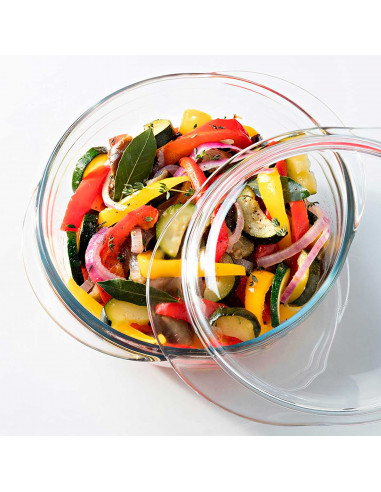 Ô Cuisine - Cacerola redonda de vidrio con tapa, de 11 x 27 x 23 cm, con capacidad de 2.2 litros. Recipiente de cristal para rea