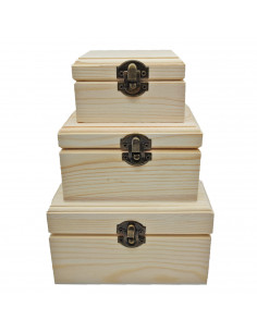Set de 3 cajas cuadradas de madera natural sin tratar, juego cajas decorativas, cierre metálico, almacenaje objetos de valor, jo