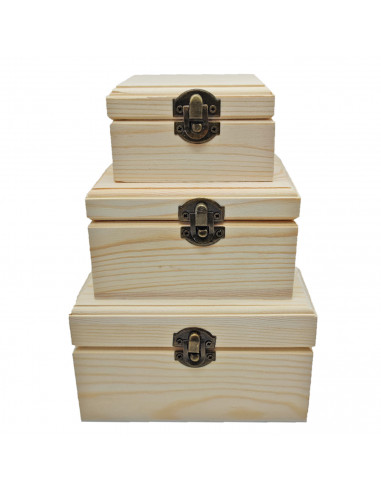 Set de 3 cajas cuadradas de madera natural sin tratar, juego cajas decorativas, cierre metálico, almacenaje objetos de valor, jo