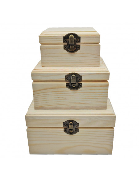 Set de 3 cajas cuadradas de madera natural sin tratar, juego cajas decorativas, cierre metálico, almacenaje objetos de valor, jo Set de 3 cajas cuadradas de madera natural sin tratar, juego cajas decorativas, cierre metálico, almacenaje objetos de valor, jo