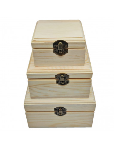 Set de 3 cajas cuadradas de madera natural sin tratar, juego cajas decorativas, cierre metálico, almacenaje objetos de valor, jo