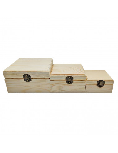 Set de 3 cajas cuadradas de madera natural sin tratar, juego cajas decorativas, cierre metálico, almacenaje objetos de valor, jo