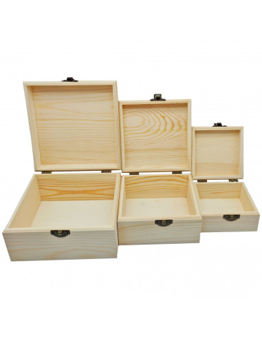 Set de 3 cajas cuadradas de madera natural sin tratar, juego cajas decorativas, cierre metálico, almacenaje objetos de valor, jo
