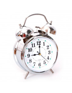 Reloj despertador analógico, clásico, retro, esfera, timbre, color plateado, metálico, con luz, a pilas, dimensiones 7 x 22 x 4.