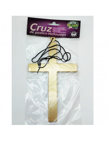 Tradineur - Cruz de plástico para halloween, disfraz, carnaval, fiestas, colgante de cruz de sacerdote, color dorado, 23 x 13 x